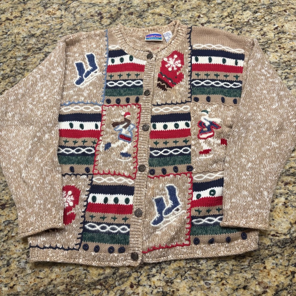 North Crest Vintage Winter Ice Skates Mitten Cardigan Sweater XL Tan Marled Knit